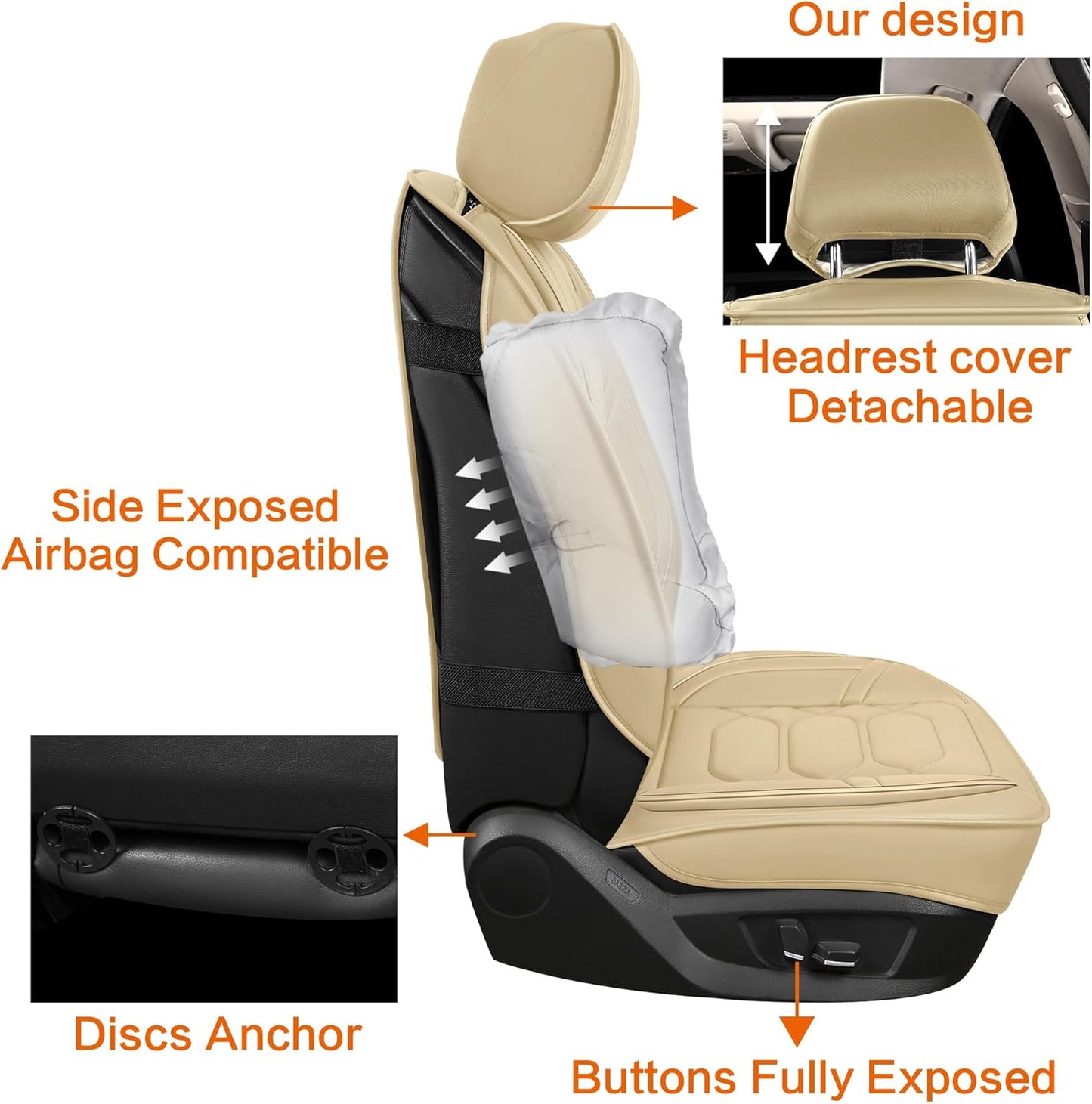 Pariitadin Leather Car Seat Covers Full Set, Waterproof Breathable Faux Leather Automotive Seat Covers for Cars, Non-Slip Car Interior Covers Universal Fit Most Cars Sedans Trucks SUVs, Beige