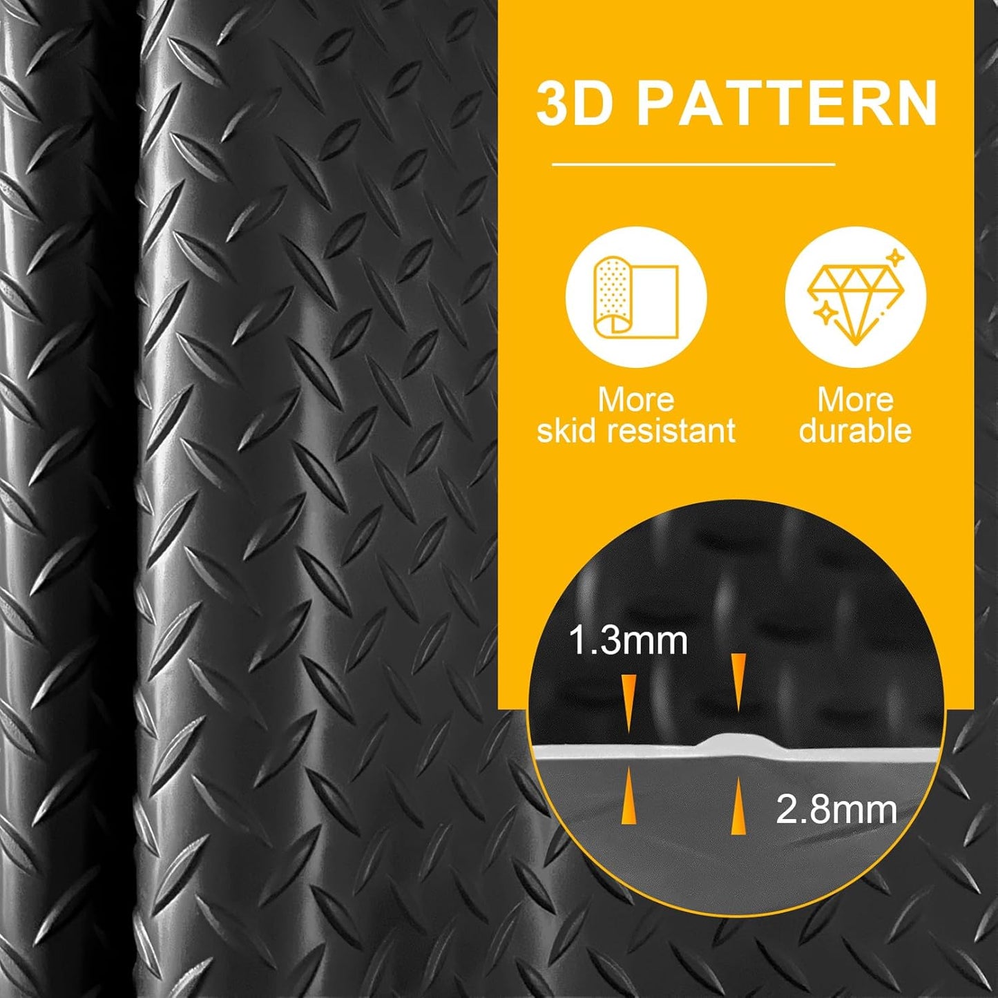 7.5x25 FT Garage Floor Mat, 2.8mm Thickened Flooring Roll for Under Car with 20Pcs Tapes, 188SQFT Diamond Plate, Non-Slip Floor Protector Mat for Garage, Warehouse, Gyms, Trailer(Black)