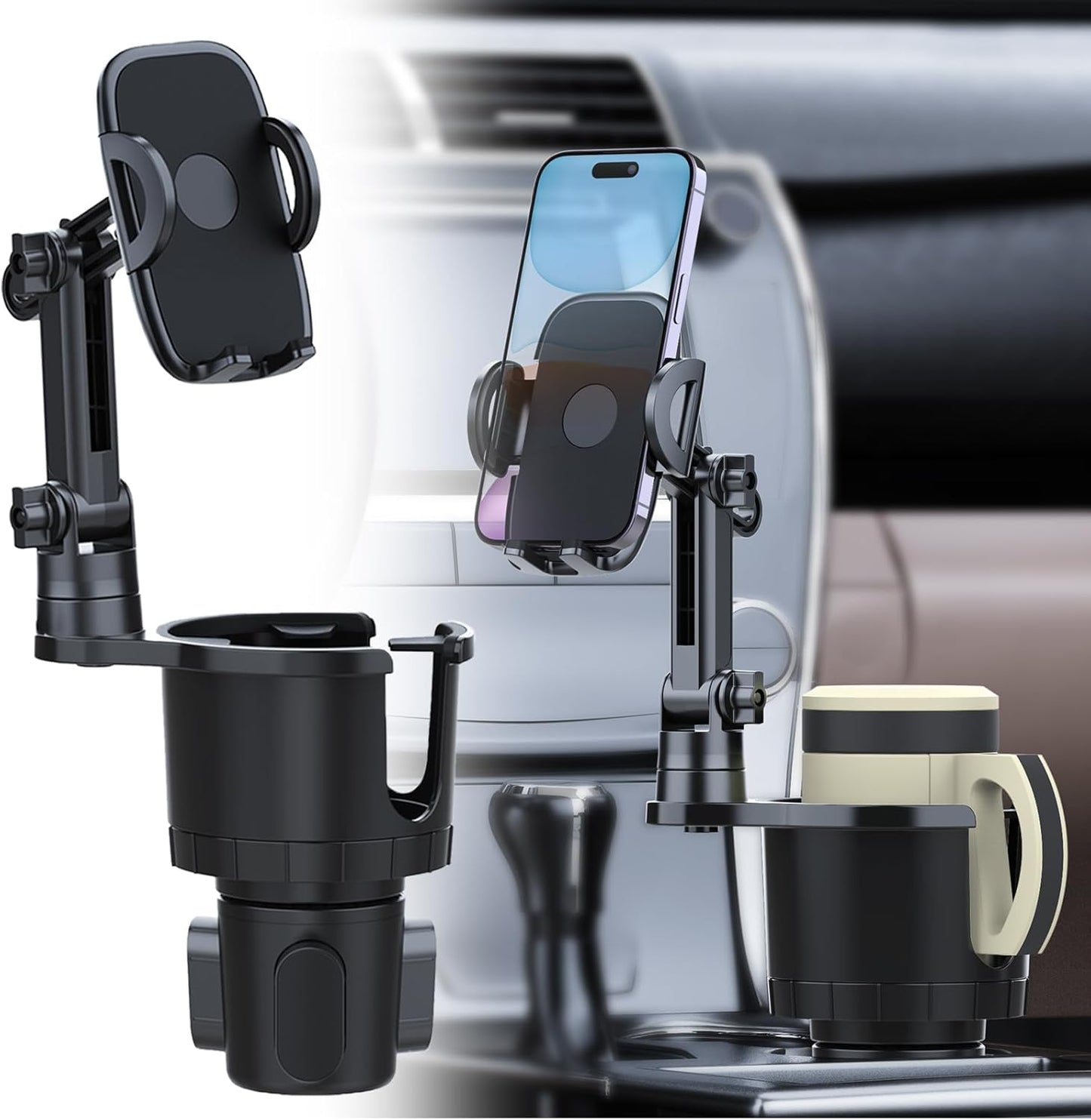 Cup Holder Phone Mount for Car, Upgraded 2 in 1 Car Cup Holder Expander Long Arm with 360° Rotation, Car Phone Holder Compatible with iPhone, Samsung & All Smartphones