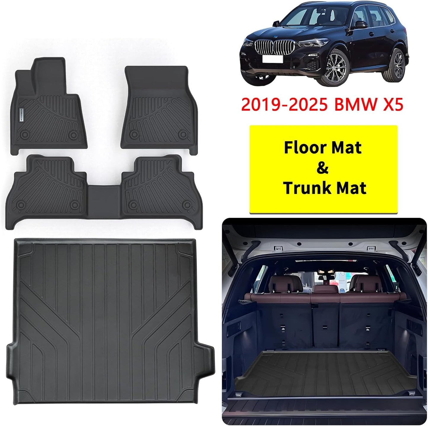 Floor Mats & Trunk Mat for 2019-2024 2025 BMW X5 40i/50i/M50i/M60i/M/M Competition,TPE All Weather Protection 2 Rows Full Set Car Mats