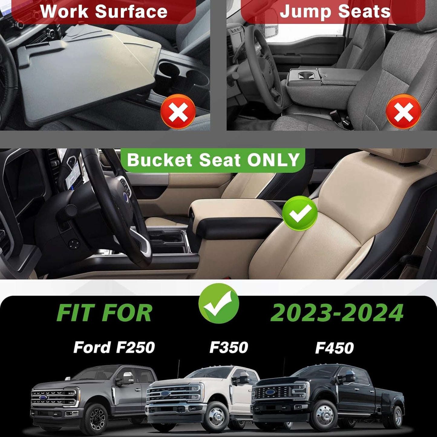 Muslogy Center Console Armrest Cover Compatible with Ford F250 F350 F450 2023 2024 2025 Super Duty Comfort Armrest Pad Arm Rest Cushion Vegan Leather Protector Regular Thick(Bucket Seat ONLY)