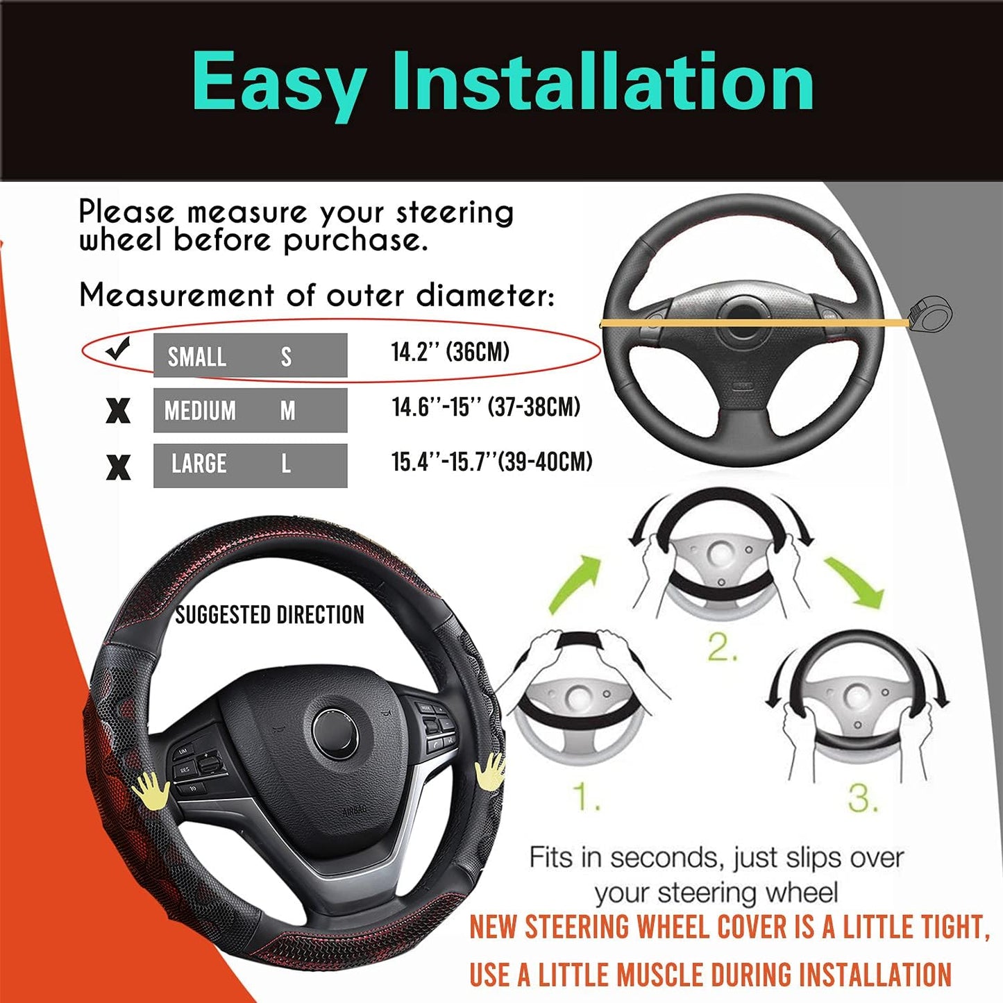 PINCTROT Small Size Steering Wheel Cover Great Grip with 3D Honeycomb Anti-Slip Design, 14 Inch (Wine Red)