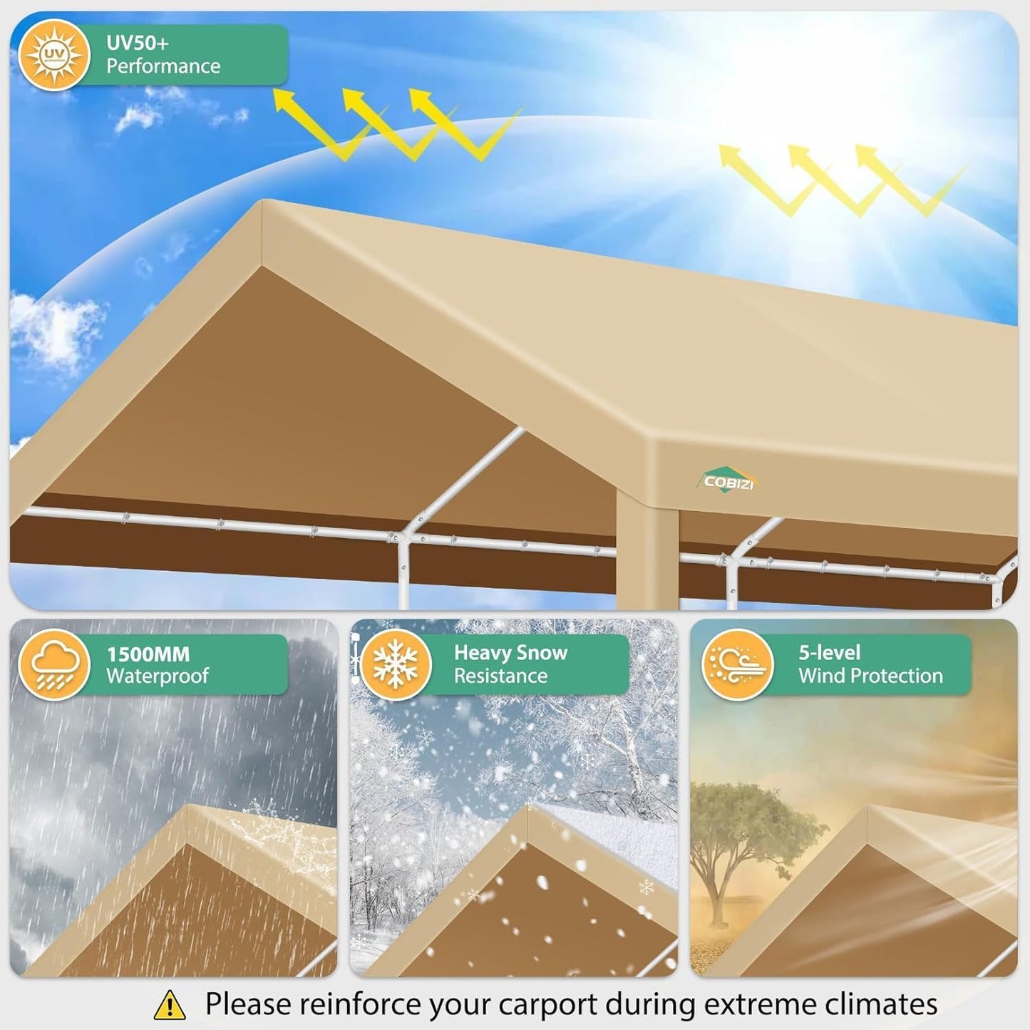 COBIZI Carport 10x20ft Heavy Duty Portable Garage, 2.0 Powder Coated Frame(Better Than Galvanized), Waterproof Shelter with Built-in Sandbags, for Car/Boat/SUV, Khaki