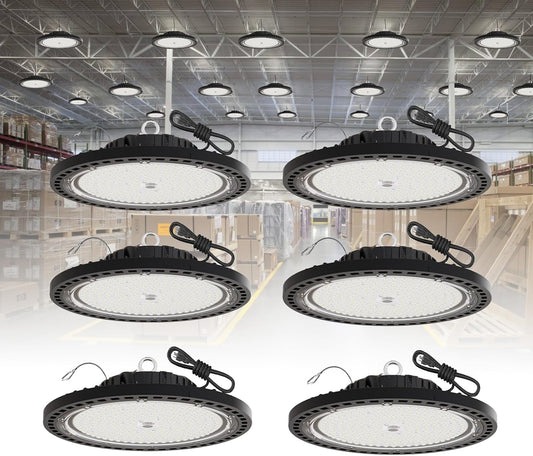 6 Pack UFO LED High Bay Light 200W, 29000 LM, 5000K with 5ft Power Cord, US Plug, Bright LED Shop Light for Basement Commercial Factory Garage Lighting, IP66 Waterproof, AC110-277V, ETL Listded