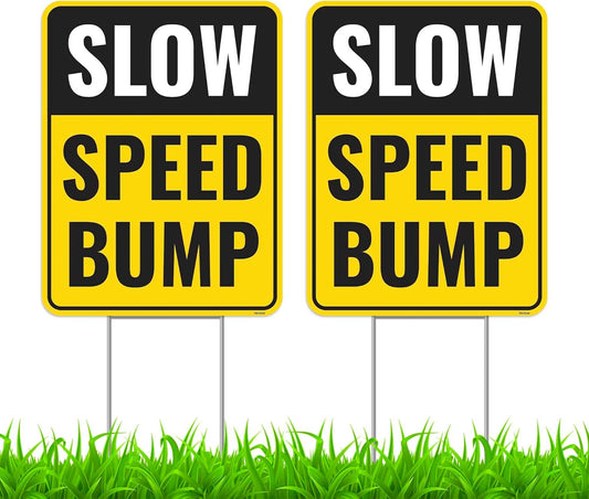 2PC Speed Bump Sign with Stakes, 17 Inches by 13 Inches - Corrugated Plastic - Caution Bump Ahead Signs