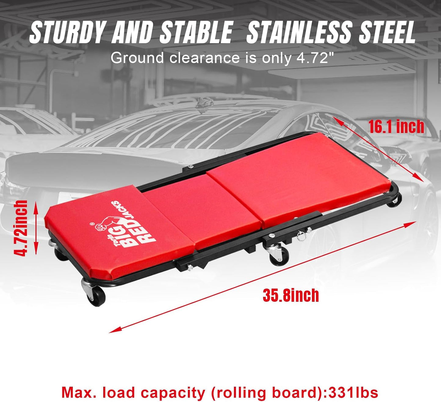 BIG RED ATR6036ZER 36" Foldable Z-Creeper Seat: 2-in-1 Garage Shop Creeper for Auto Repair with 6 Wheels, 300 Lbs. Capacity - Red