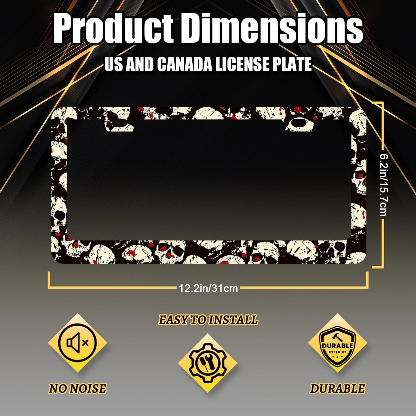 Skull License Plate Frame Skull Skeleton License Plate Holder Stainless Steel Funny Design Compatible with Standard License Plate for USA Canada 12.3" x 6.3" with 2 Screws