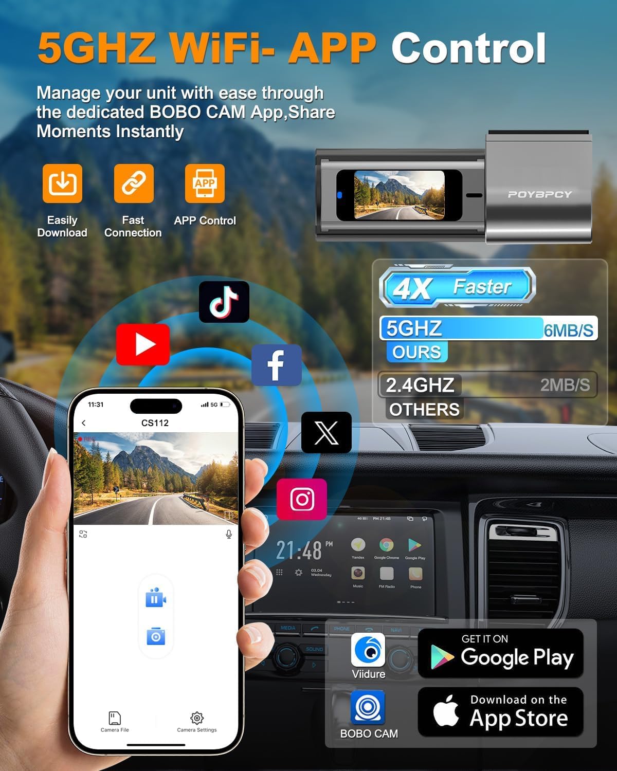 Dash Cam Front 4K, Built-in 5GHz WiFi with CPL, Car Camera Dashcam with UHD 2160P, 64GB Card, 24H Parking Monitor, Super Night Vision, WDR, G-Sensor, App Control, 170° Wide Angle, Support 256GB Max