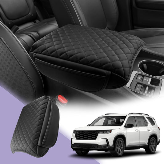 LUWU Center Console Cover Compatible with 2023 2024 2025 Honda Pilot & 2024 2025 Ridgeline & 2024 2025 2026 Honda Passport Accessories Armrest Console Cover Leather Interior Accessories (Thick Black)