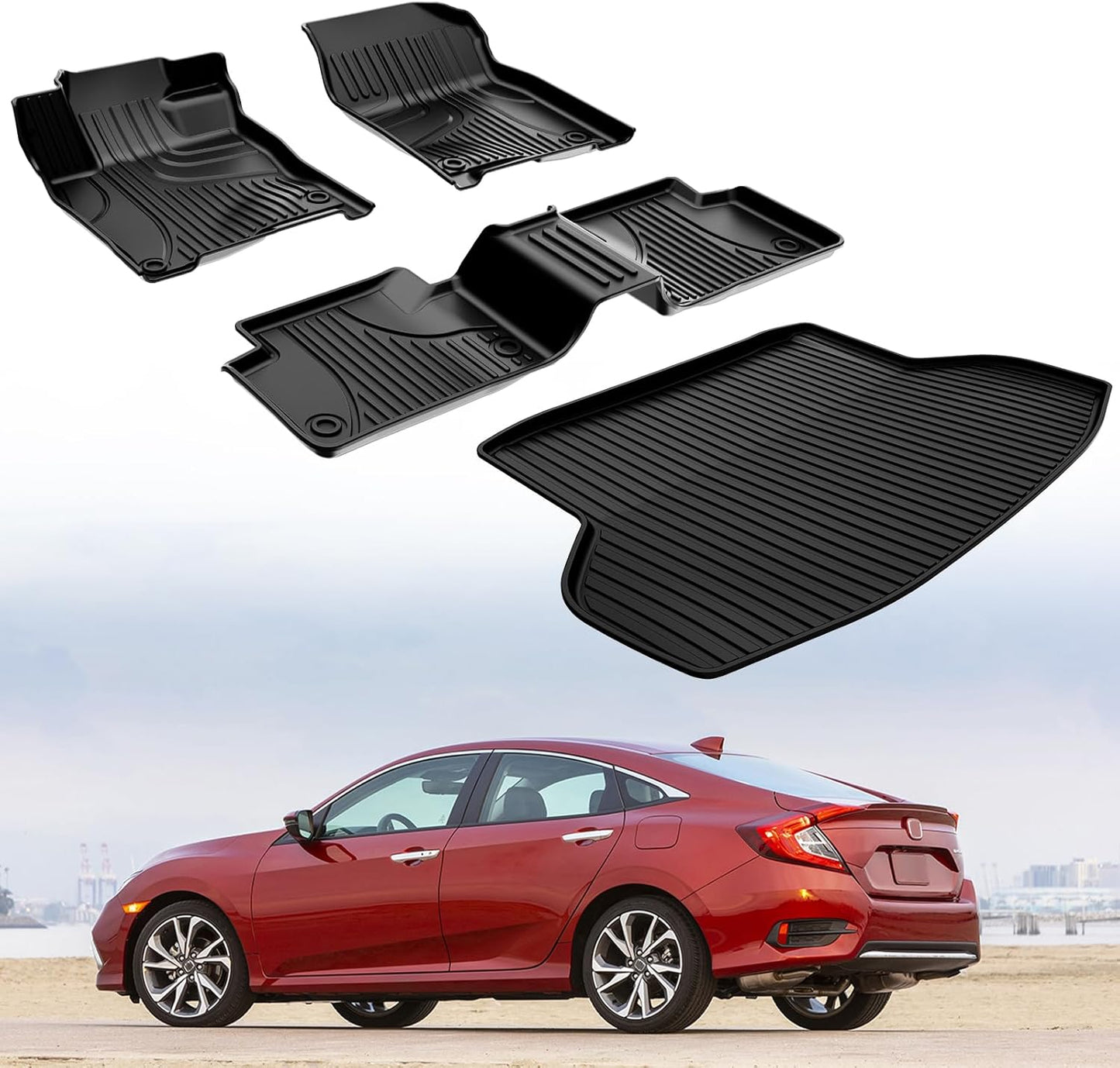 Floor Mats & Cargo Liner Only Fit for 2016-2021 Civic Sedan / 2017-2021 Civic Si - All Weather Protection Floor Liners with Trunk Mat - 1st 2nd Row and Cargo Car Mats Full Set Civic Accessories Black