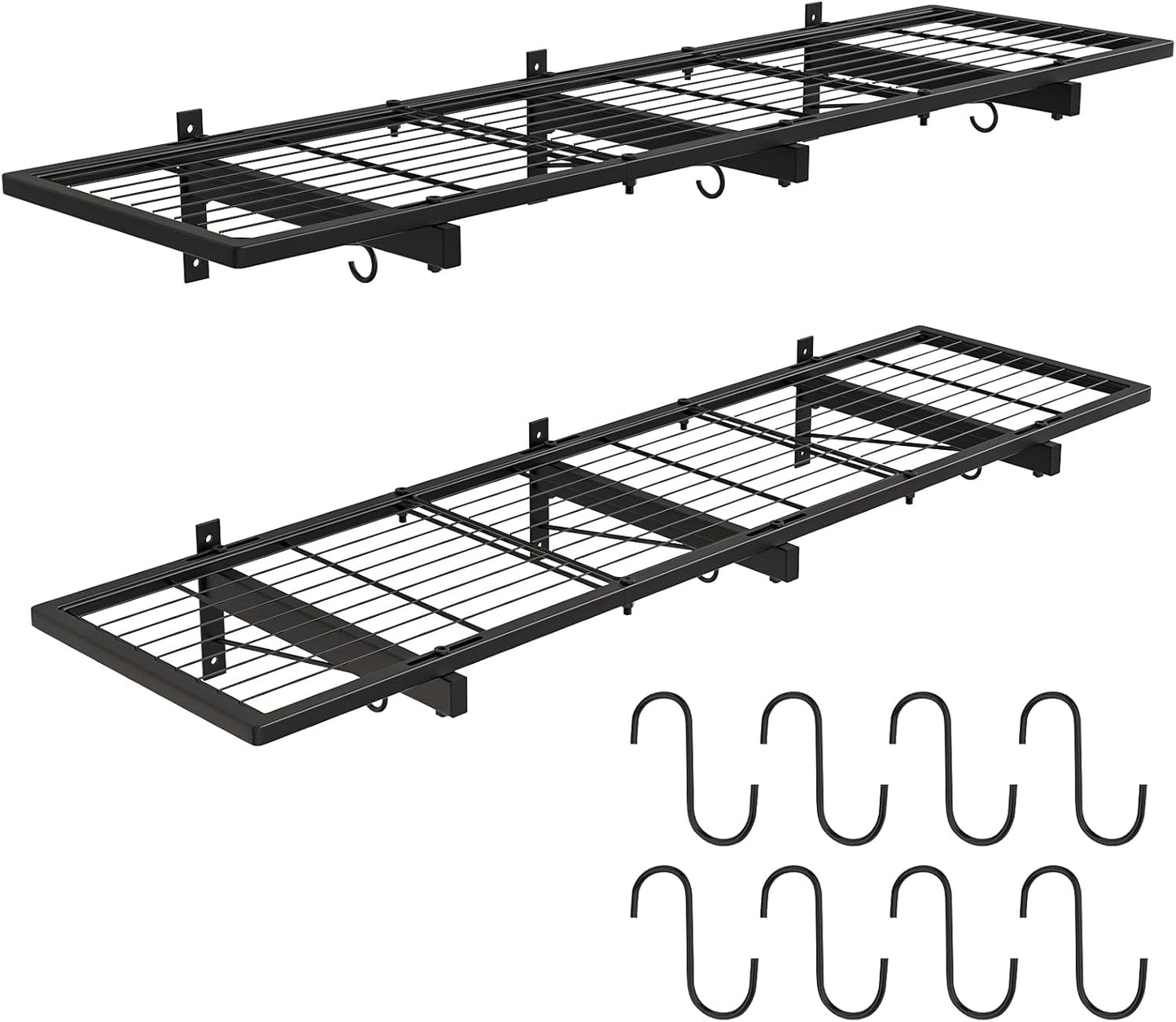 2 Pack Garage Wall Shelves, 46"X 12.5" Garage Shelving Wall Mounted, Heavy Duty Wall Shelf Organizer with 8 Hooks, Black Floating Storage Metal Rack 320 LBS Capacity for Laundry Room, Office, Basement
