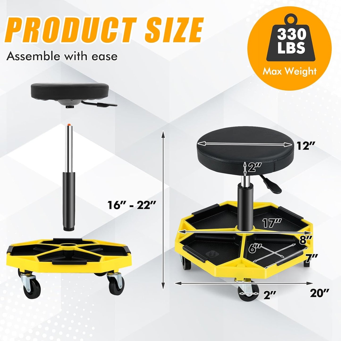 Adjustable Mechanic Rolling Stool, Pneumatic Rolling Stool with Wheels, Tool Storage Tray & Padded Seat Cushion, Garage Stool Chairs Creeper Seat (Yellow)