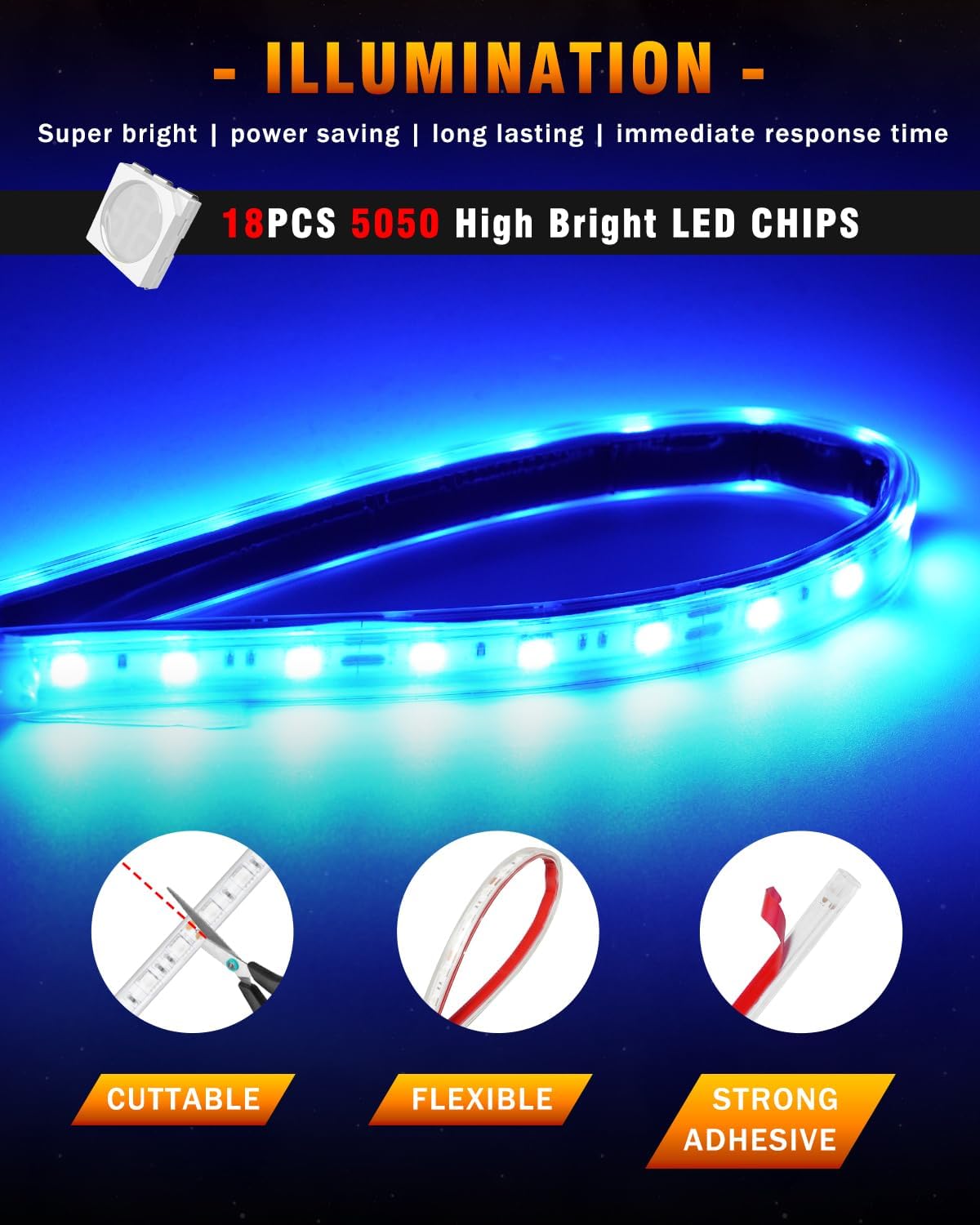 Qasim LED Strip Lights Car Boat Truck Interior Exterior Lighting, Waterproof Auto Front Grill Ambient Lighting, Golf Cart Motorcycles Underglow LED Light Blue 32CM 12V-Pack of 6