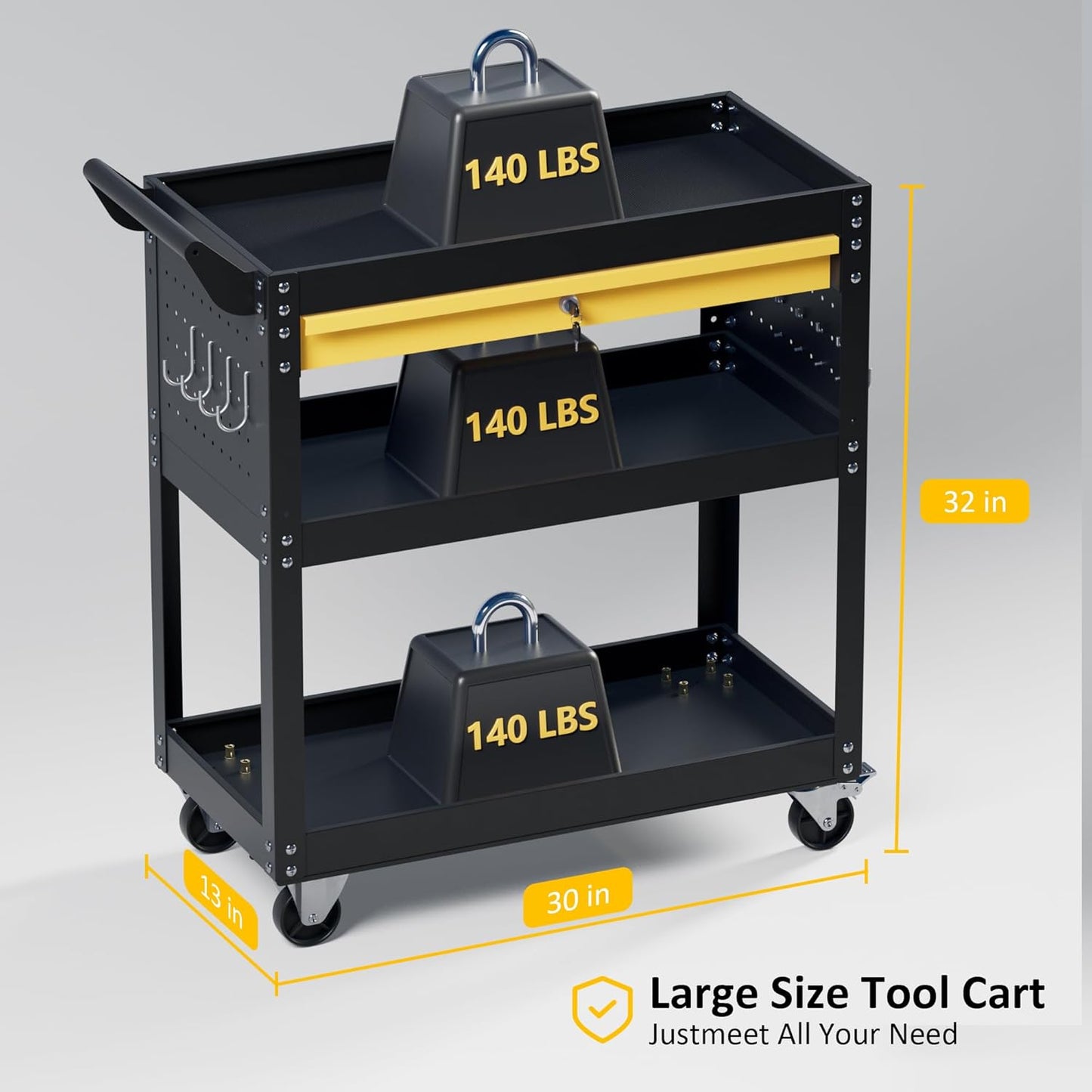 3 Tier Rolling Tool Cart on Wheels, Heavy Duty Utility Cart, Work Cart with Drawers and Pegboards, 440 LBS Loading Capacity Tool Storage Trolley for Mechanic, Garage, Workshop