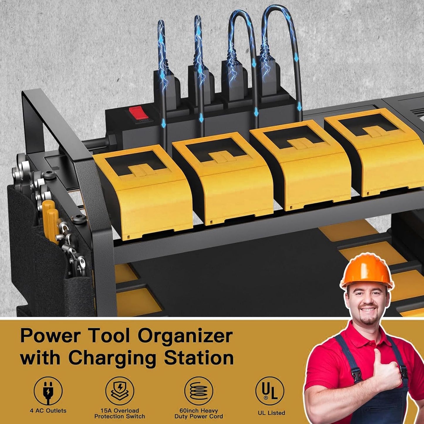 Power Tool Organizer with Charging Station: 7 Cordless Drills Holder Wall Mount Power Tool Shelf Storage Systems with 4 Outlet Power Strip, Electric Tool Storage Rack for Garage Organization/Workshop