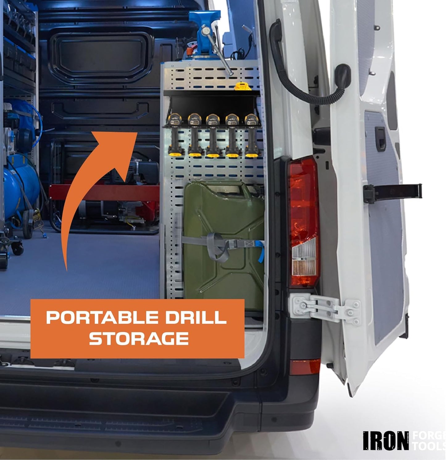 Metal Power Tool Organizer Wall Mount - 5 Drill Holder Cordless Powertool Dock, Enclosed Utility Trailer & Garage with Locking Rack