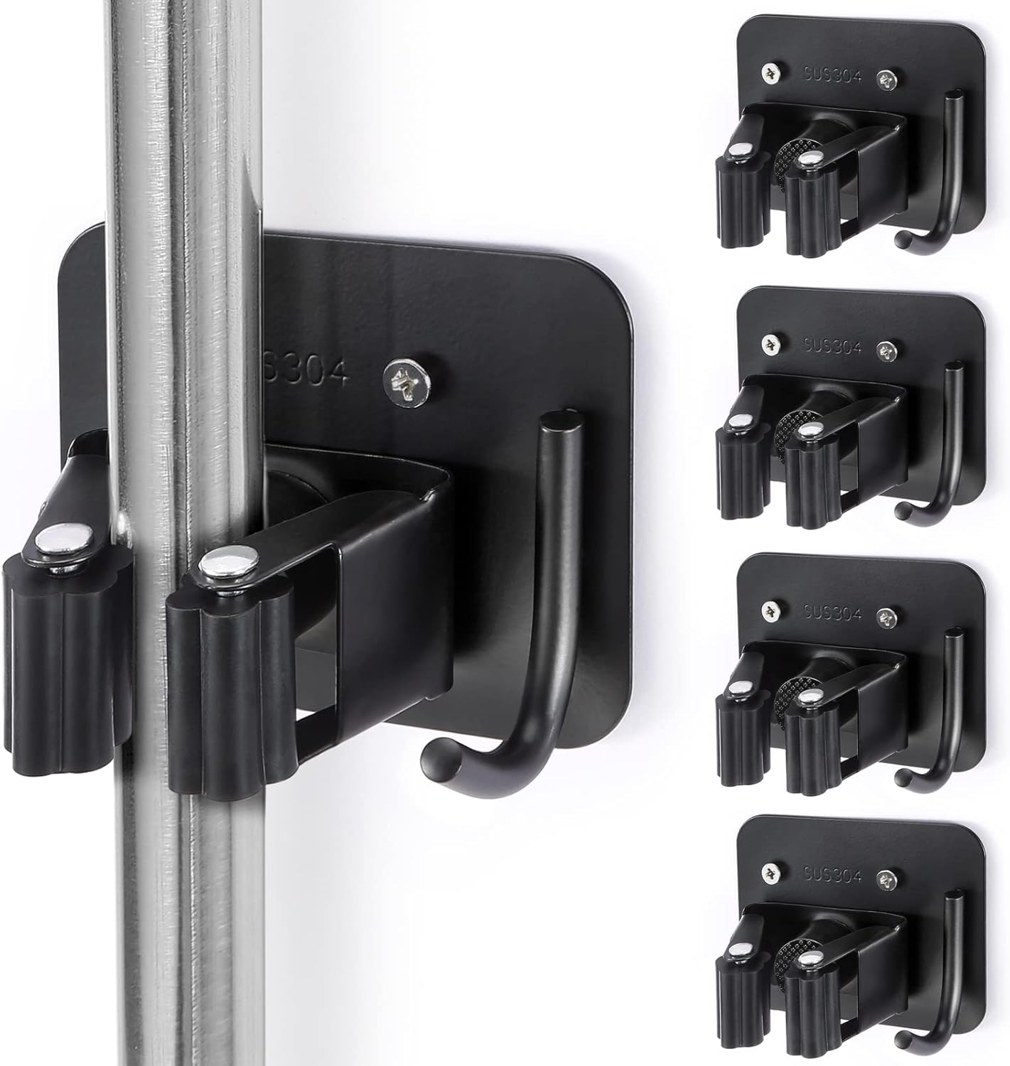 Stainless Steel Broom Holder, Heavy Duty, Rust Resistant, 4 Gripper Positions with 4 Hooks, Black
