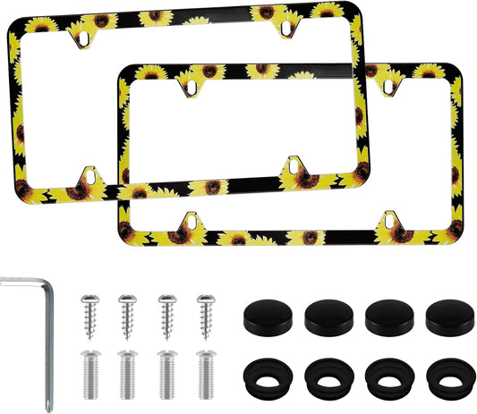 LivTee Flower License Plate Frames, 4 Holes Stainless Steel License Plate Covers, 2PCS Car License Plate Holder, Automotive Exterior Accessories, Sunflower