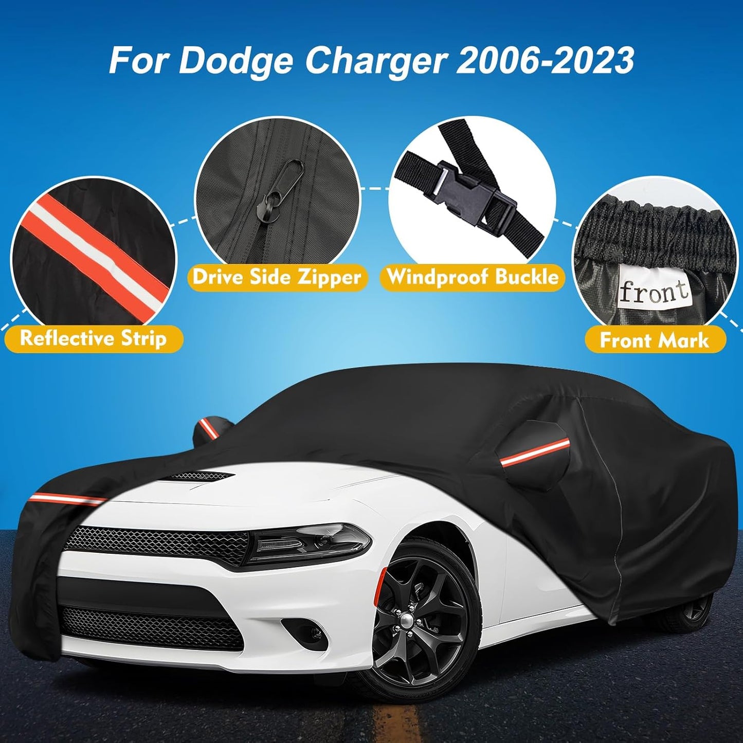 for Dodge Charger Car Cover Waterproof All Weather, 6 Layers Car Cover Waterproof All Weather 210D Windproof Fit for Dodge Charger 2006-2023