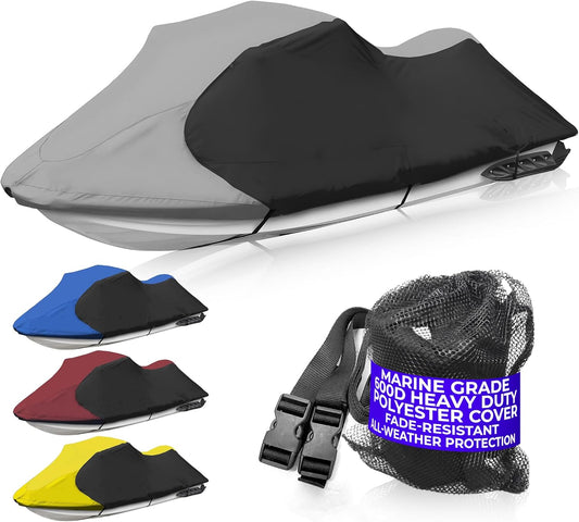 JetPro Trailerable Jet Ski Cover, Waterproof Marine Grade 600D Heavy Duty Polyester PWC Cover Gray/Black Color Fits from 116"-125" 2 Seater