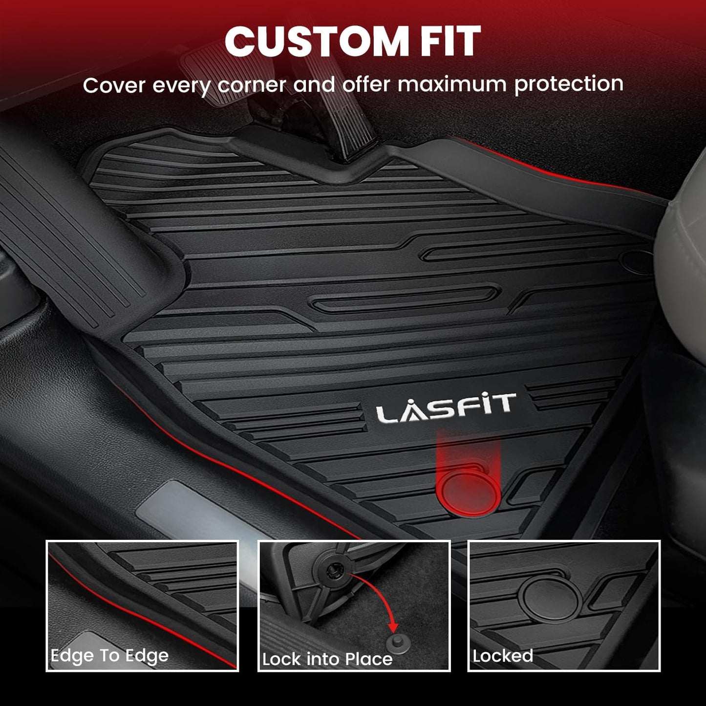 LASFIT Floor Mats for Ford Explorer 2020-2025 6 Passenger TPE All Weather Protector Anti-Slip Floor Liners, 2025 2024 2023 2022 2021 2020 Explorer 6 Seats Accessories, 1st 2nd & 3rd Row, 4pcs Black