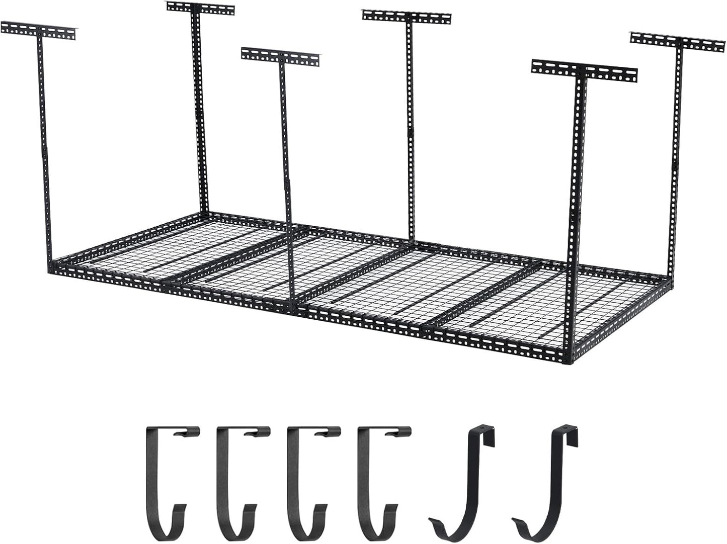 Overhead Garage Storage Rack 4x8 FT, Steel Ceiling Shelves 660lb Capacity, Height Adjustable 22-40 Inches, Space-Saving for Attic Basement Shed (Black, 6 Posts)