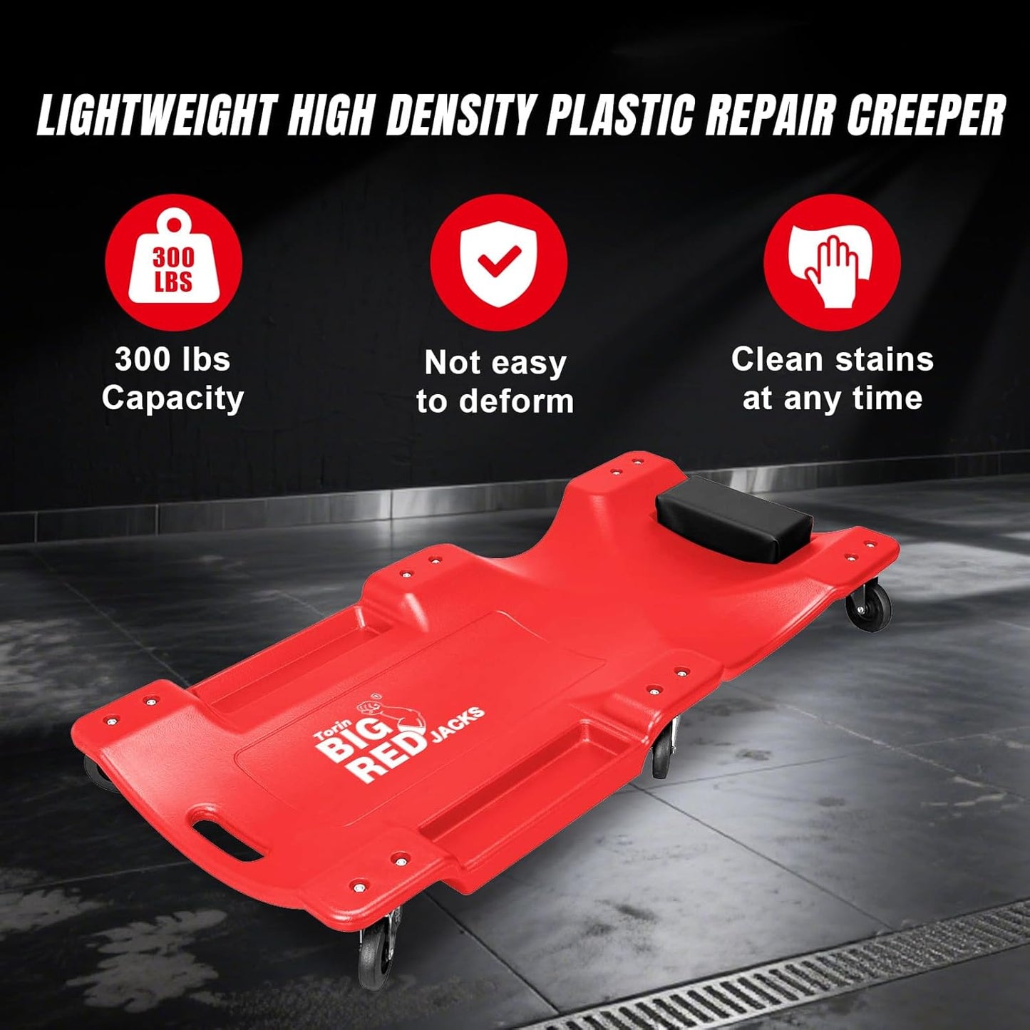 Big RED Plastic Rolling Garage/Shop Creeper: Dual Tool Trays and 6 Casters, Red，40" Mechanic Cart with Padded Headrest