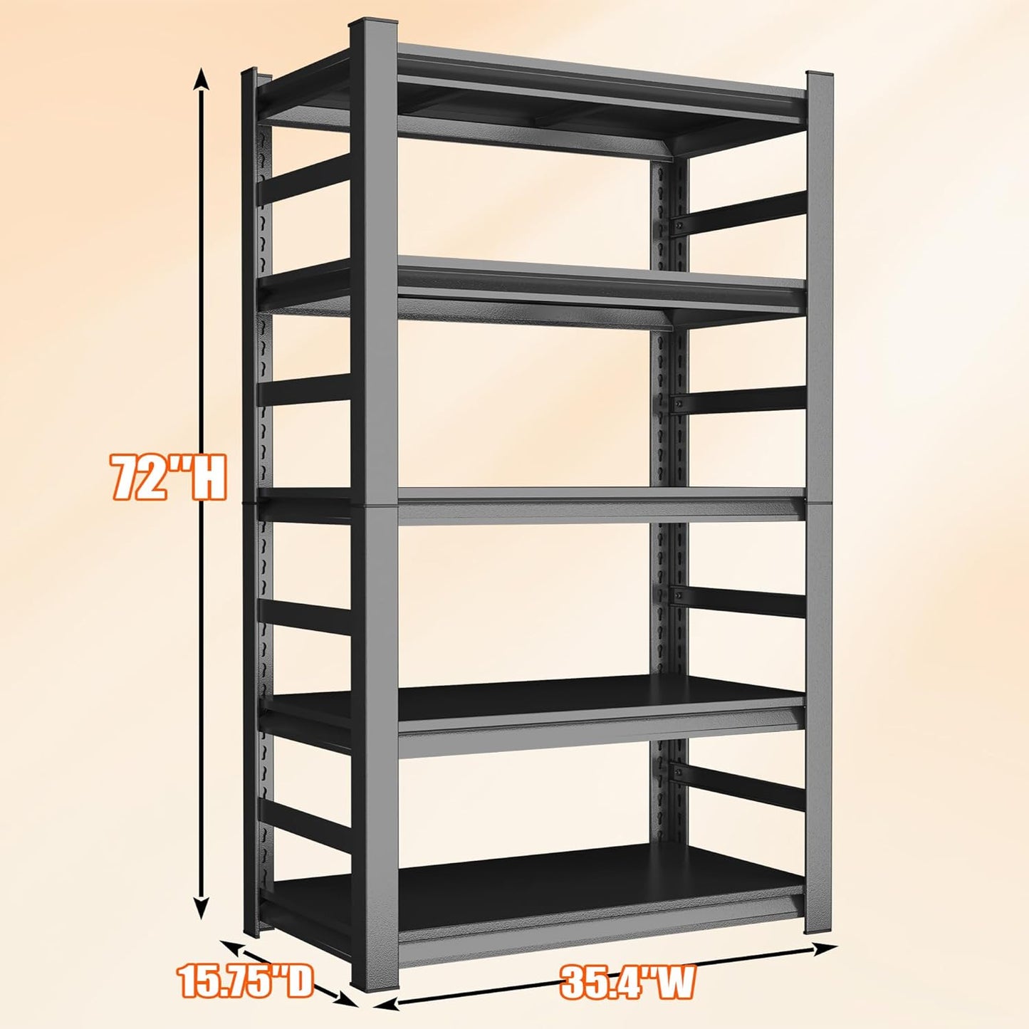 72"H Garage Shelving Heavy Duty Rack, 3500 LBS Large Capacity 5 Tier Adjustable Storage Shelves, Metal Industrial Shelf Units for Garage, Basement and Warehouse, 72"H×35.4"W×15.75"D, Black