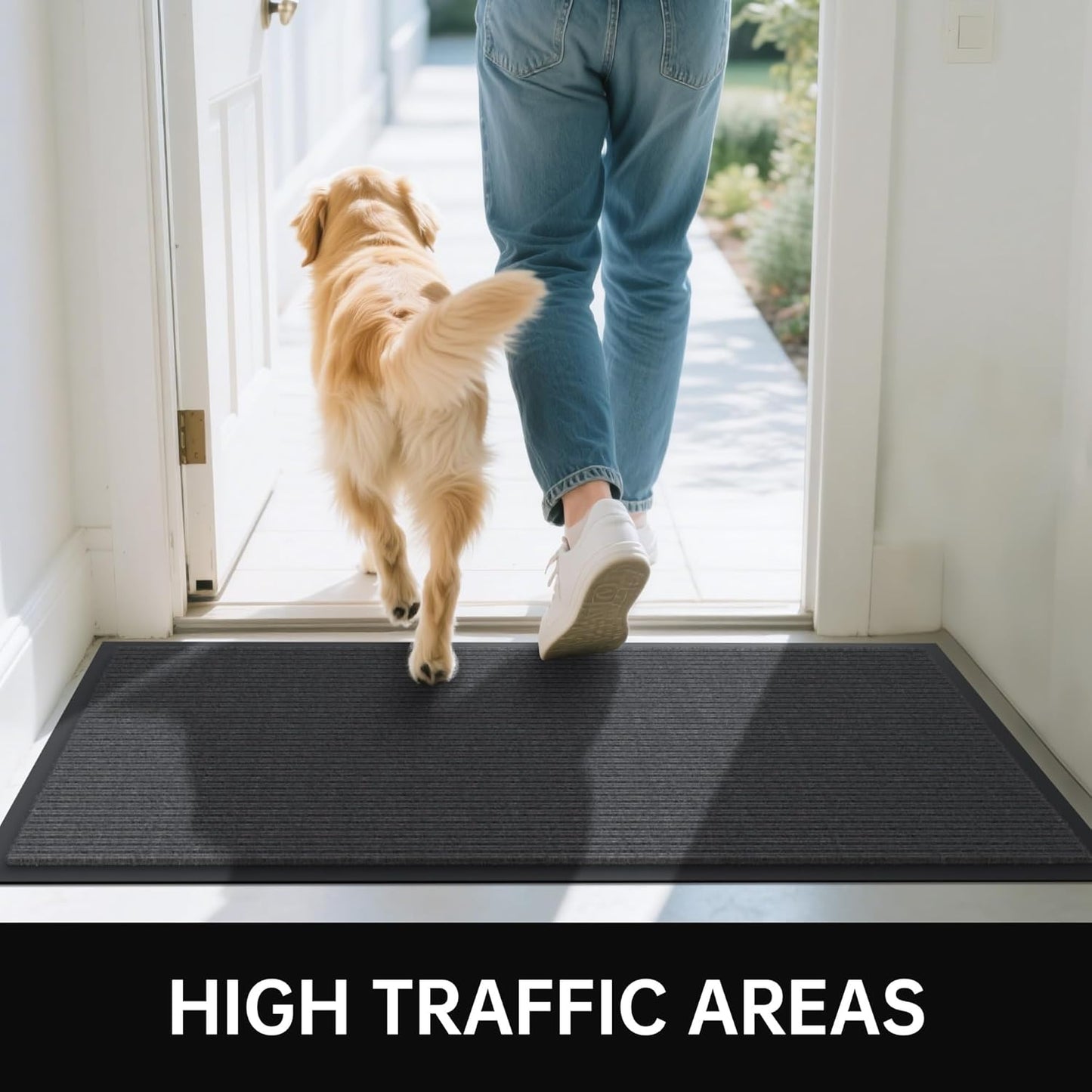 Front Door Mat, 2' x 6' Heavy Duty Indoor Outdoor Welcome Mat for Entryway, Commercial Entrance, Low Profile, Non-Slip, Durable Rubber Backing for Patio, Home