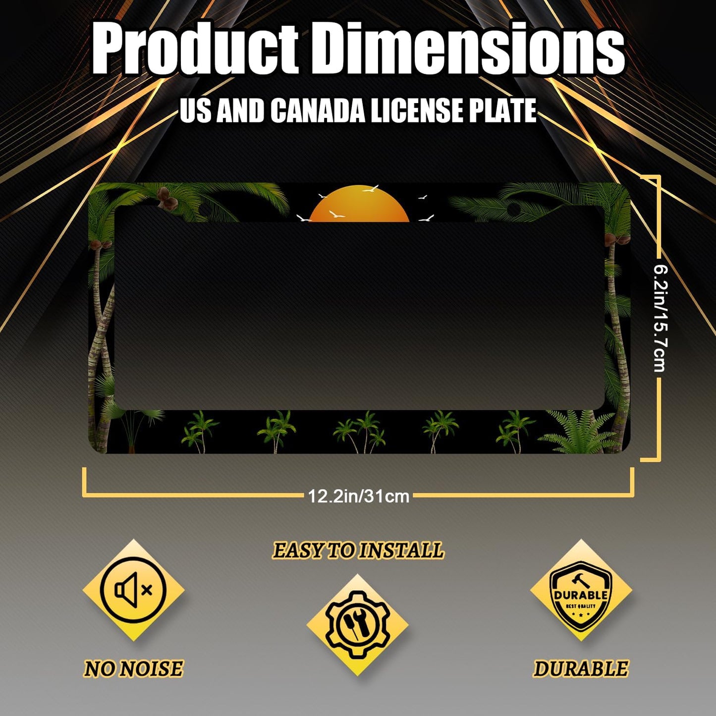 Palm Trees Sunset License Plate Frame Tropical Plants License Plate Holder Stainless Steel Front and Rear Car Tags Auto Parts Colorful License Plate Men Women Decoration with Screws 12.2" x6.2"