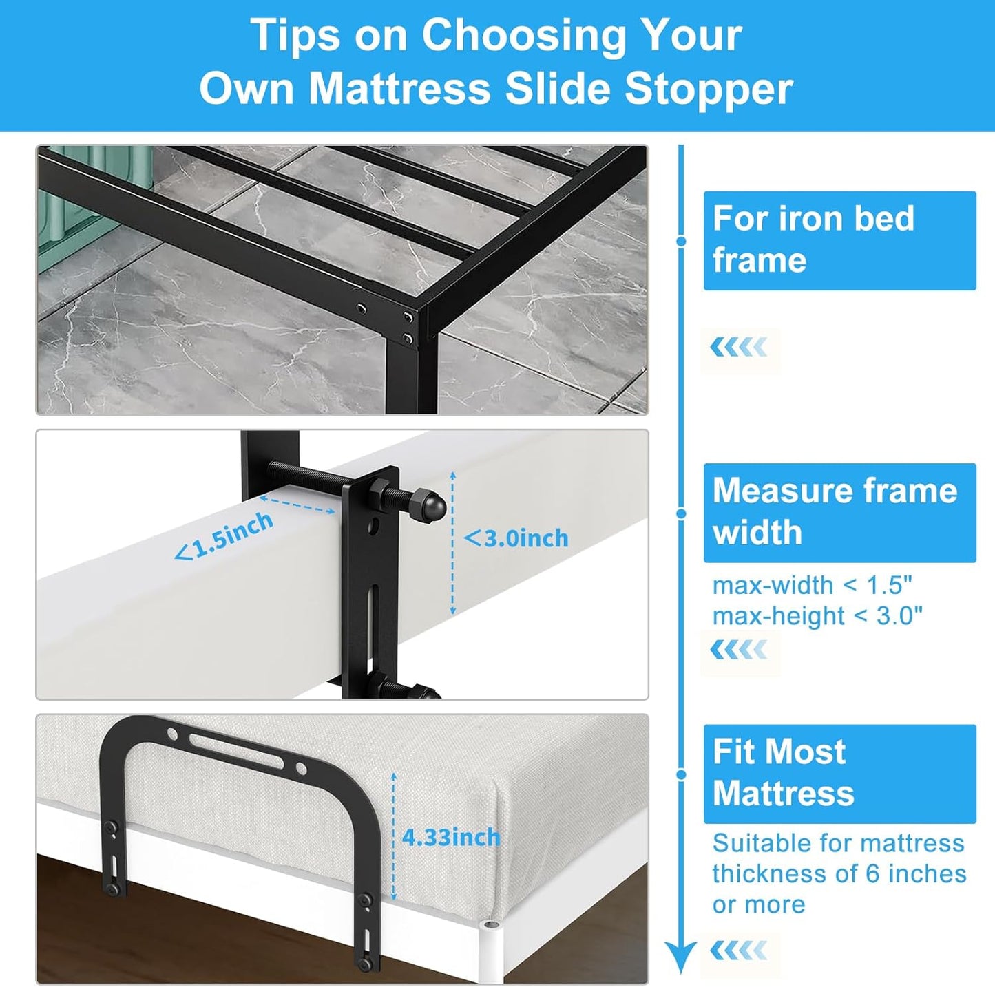 Mattress Slide Stopper, YUOROS Non Slip Mattress Gripper for Metal Bed Frame, Holder Retainer Bar to Keep Mattresses Topper from Sliding