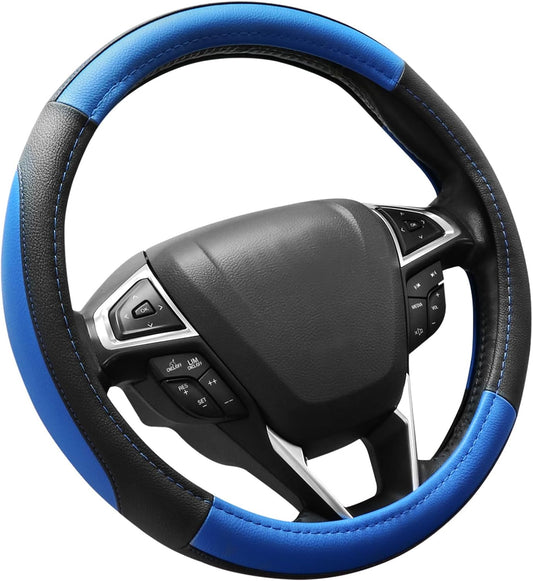 SEG Direct Car Steering Wheel Cover for Prius Civic Model 3 Model Y Camaro, Small Size 14-14.25 inch, Black and Blue Microfiber Leather