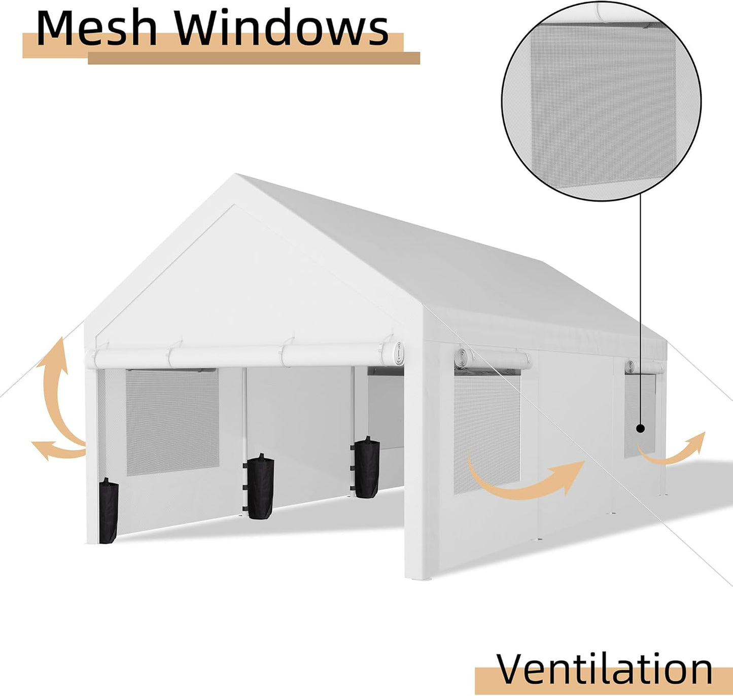 JY QAQA Carport, 12x20 FT Heavy Duty Carport with Removable Side Walls and Doors, Portable Garage with Roll-Up Window and Sandbags, Car Canopy with All-Season Tarp for Cars, Trucks, Boats, White