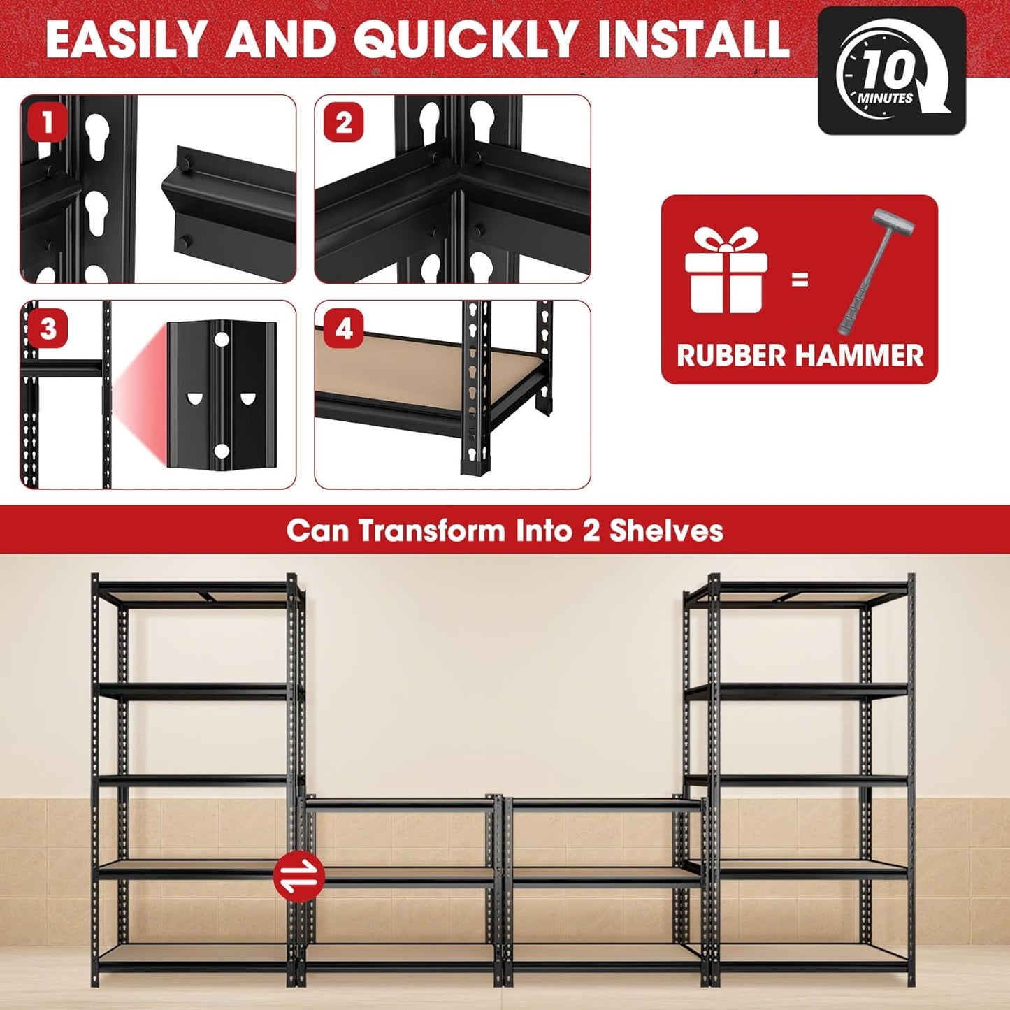 72" H Metal Storage Shelves 1500LBS Heavy Duty,5 Tier Garage Shelving Unit,Adjustable Garage Storage Utility Rack for Kitchen Pantry Basement Bathroom Closet