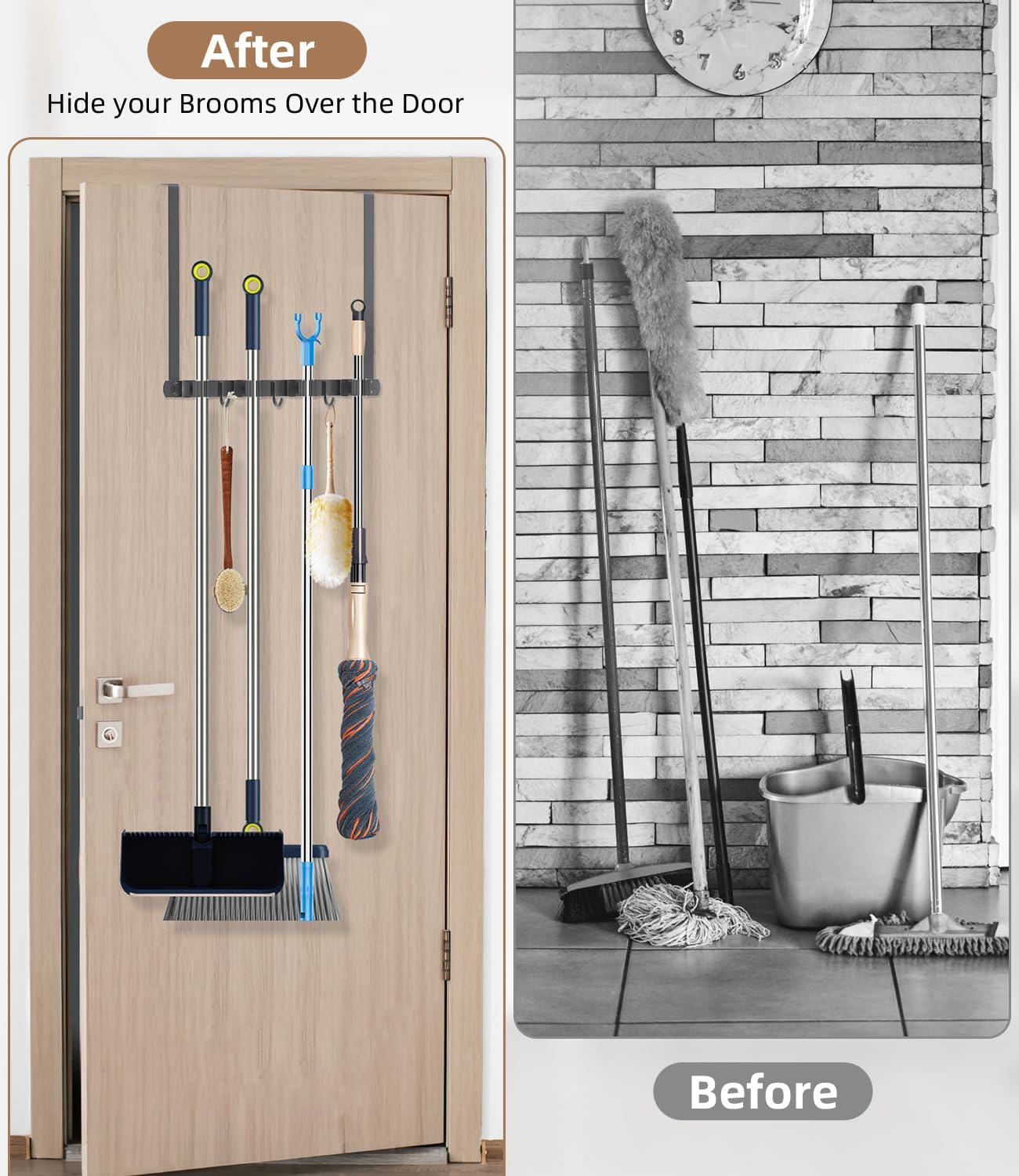 Broom Holder Over The Door-304 Stainless Steel Mop and Broom Holder Wall Mounted or Hanging Over The Door with Hooks - Broom Hanger, Tool Organizer for Garage Closet Laundry Kitchen-Space grey