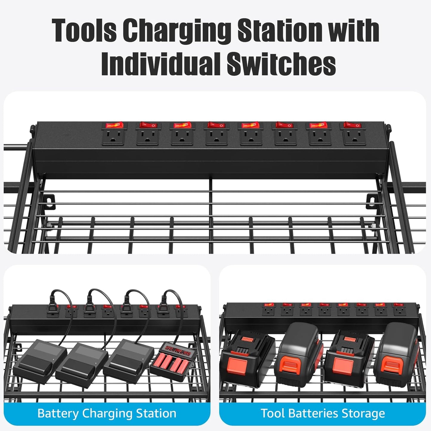 CCCEI Black Power Tool Organizer Wall Mount, Large Tools and Battery Storage Rack Charging Station Individual Switches. Drills Holder, Garage Utility Shelves with 6FT Power Strip. Gift for Men.