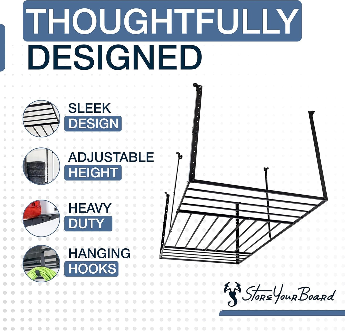 StoreYourBoard 4X8 Garage Storage Rack with Hooks, Ceiling Shelf Overhead Organization, Heavy Duty Steel Platform Holds 700 lbs, 96 in. x 48 in. x 40 in.
