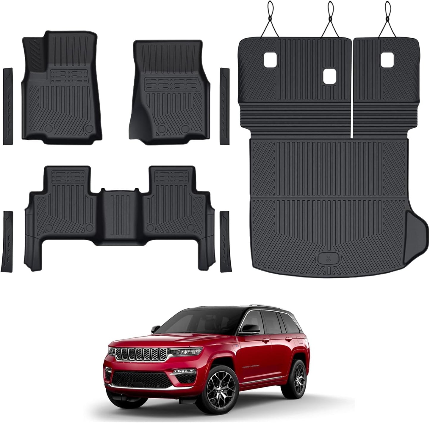 Floor Mats Set for 2022-2025 Jeep Grand Cherokee Accessories, Full Coverage All Weather Floor Mats Cargo Mat with Backrest Protectors & Door Sill Guards (Include 4xe Not for L or WK)