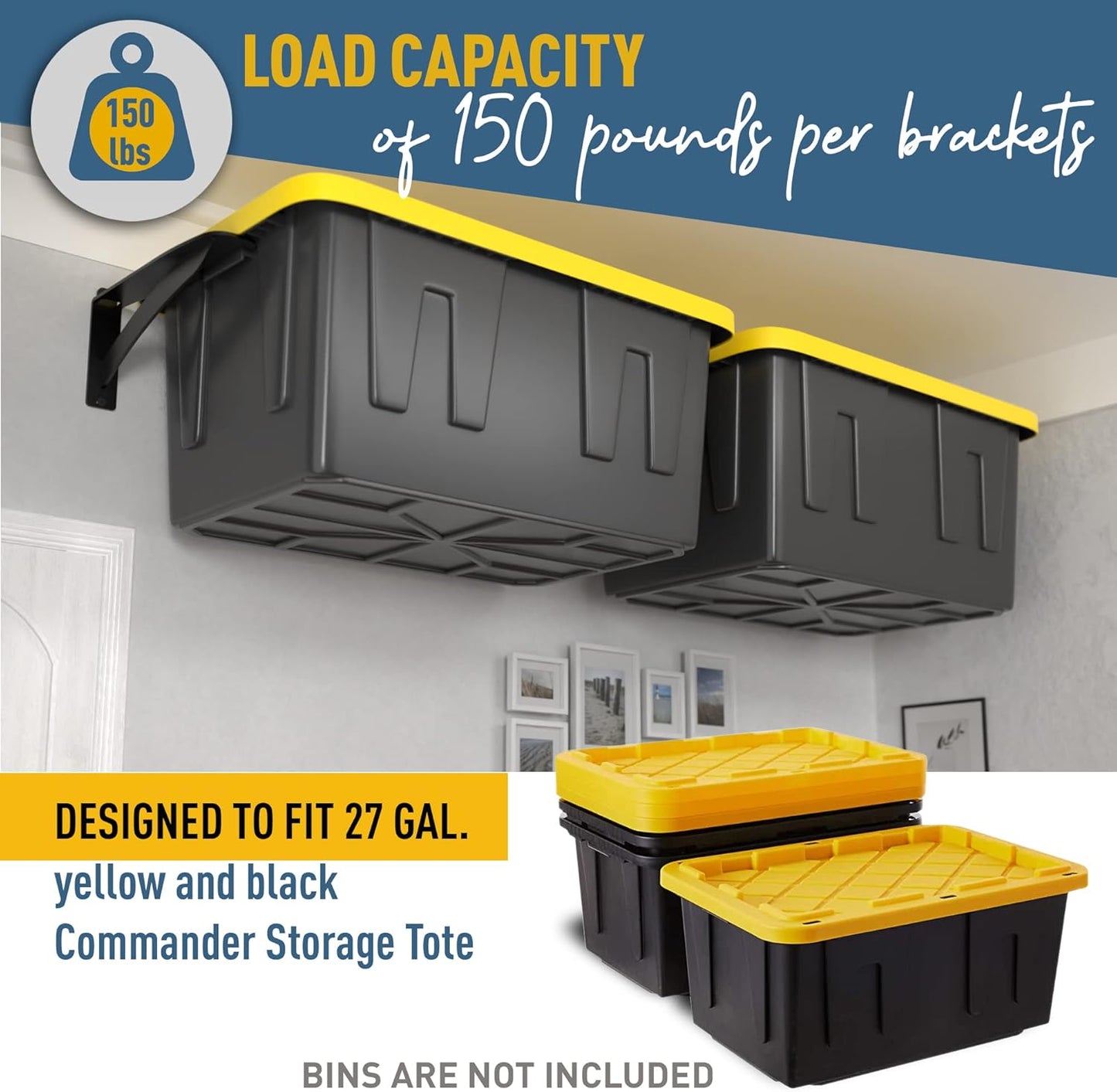 Koova Wall Mounted Tote Rack Storage System, Fits 27-Gallon Black and Yellow Commander Style Bins, Wall Mount Bracket Shelves for Garage Organization, Heavy Duty Steel, Made in USA (2-Piece Set)