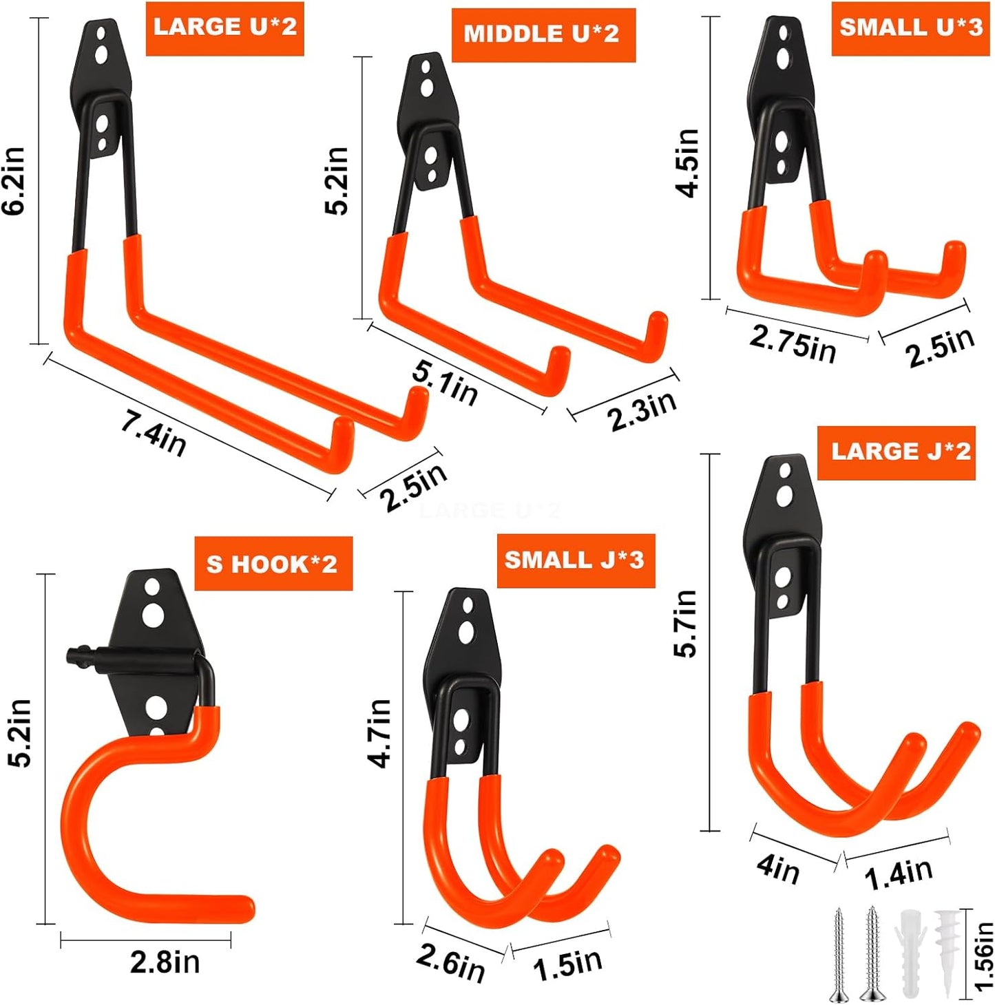 Steel Garage Hooks Wall Tool Organizer, 14 Pack Garage Storage Hook Heavy Duty Utility Storage Hangers Orange for Ladders, Ropes, Garden Tools