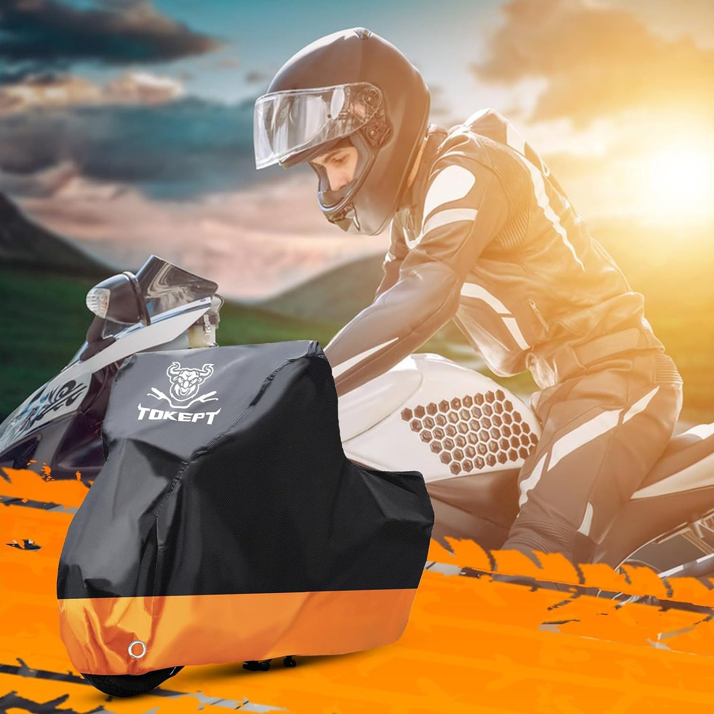 Motorcycle Cover, All-Season Waterproof Outdoor Sun Protection Fit up to 116 Inch Harley-Davidson Honda Suzuki Kawasaki Yamaha (XXXL Black&Orange)
