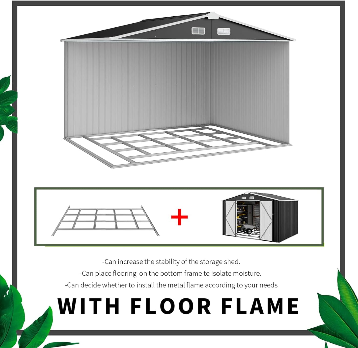 Aoxun 9.4x7.3x6.5 FT Outdoor Storage Shed with Base Outdoor Metal Shed for Tool, Garden, Bike, Placed in Patio, Garden Base Included (Black)