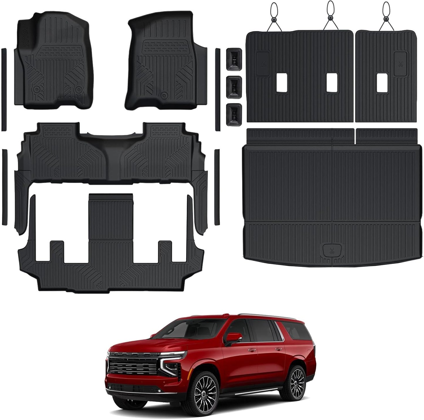 Floor Mats Set for 2021-2025 Chevy Suburban 7 Seats/GMC Yukon XL Accessories, Full Coverage All Weather Floor Mats Cargo Mat with 3rd Row Backrest Protectors & Door Sill Guards