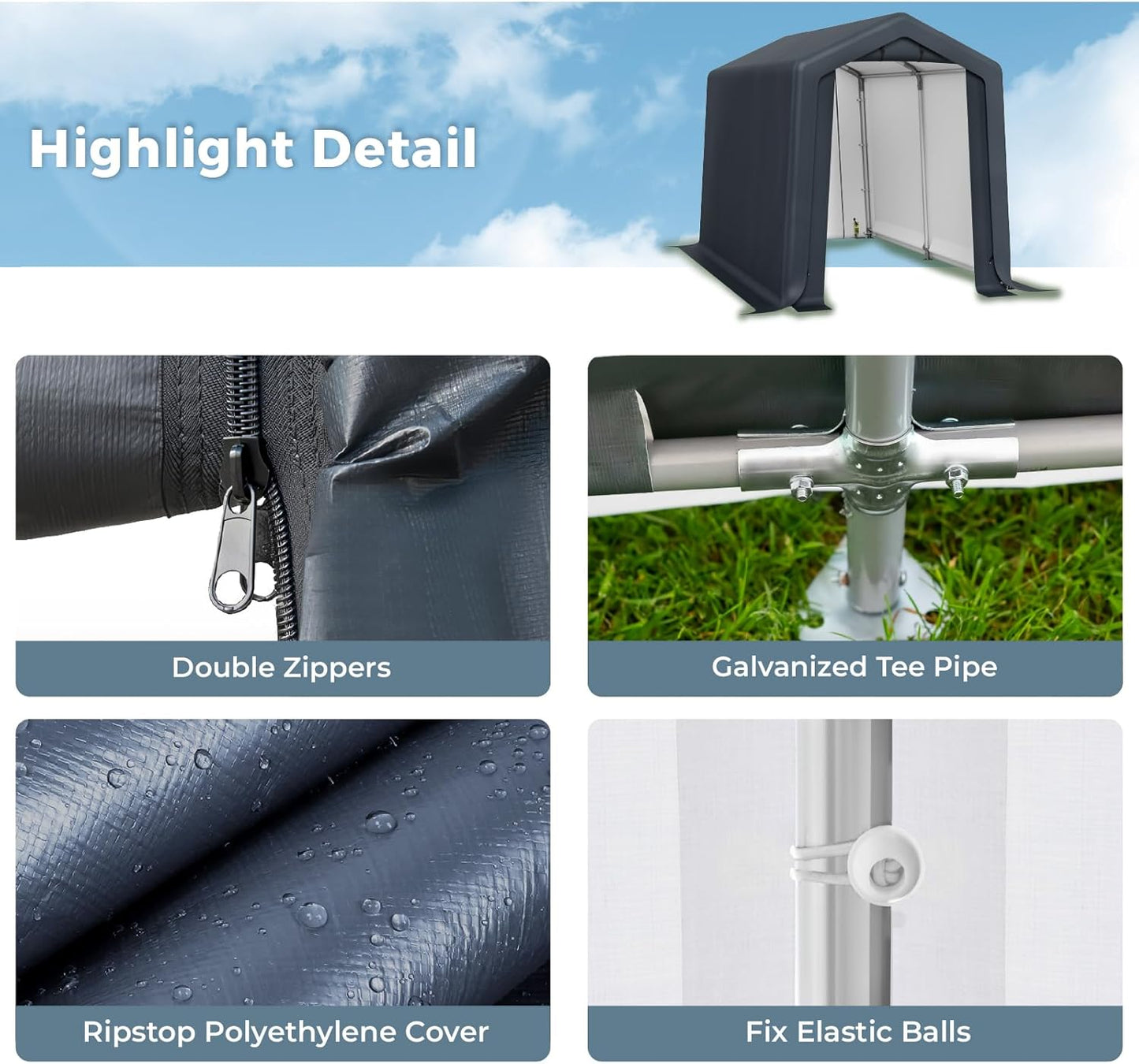 GREEN PARTY Storage Shelter Shed, 6x10 ft Portable Shed Outdoor Carport with Roll-up Zipper Door & Vents, Outdoor Storage Shed Portable Garage for Motorcycle, Bike, Waterproof & UV Protected, Gray