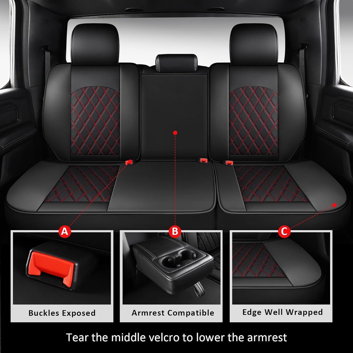 MIROZO Dodge Ram Seat Covers Full Set,5PCS Car Seat Cover Waterproof Fit 2009-2025 Ram 1500 2500 3500 Crew Quad Regular Cab Pickup Cushions with Split Bench 40/60 (Black and Red,Full Set Flat Back)
