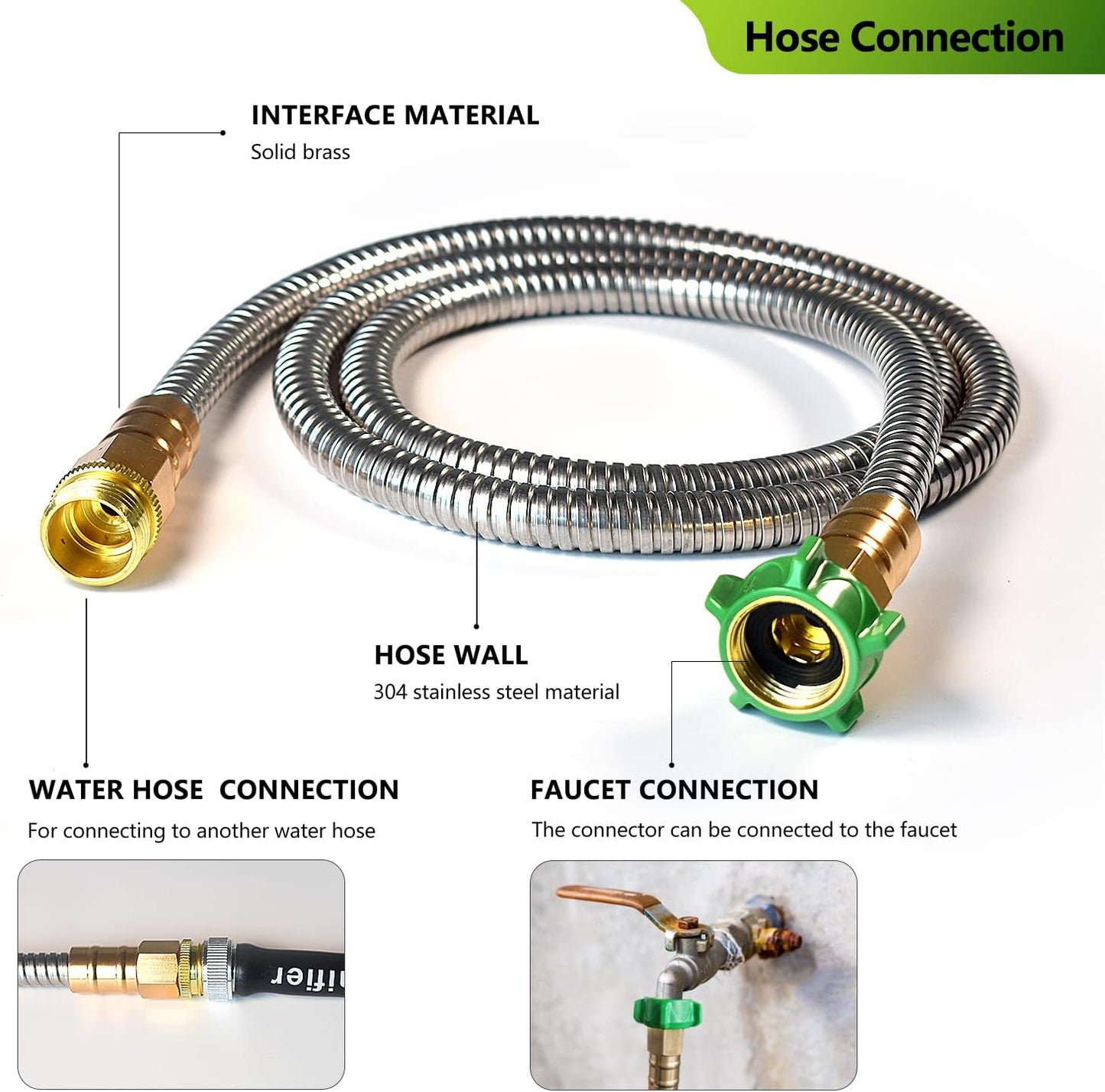 Metal Short Garden Hose 6 ft, 8 ft, 12 ft Flexible Stainless Steel Leader Hose Extension, Heavy Duty Water Hose Small Lightweight Hose Extender (6FT)