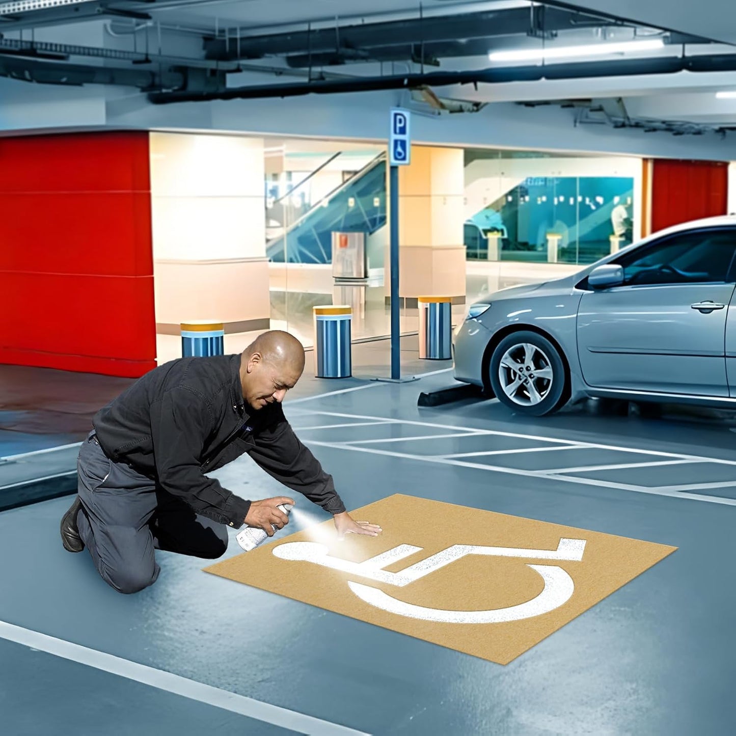 Handicap Parking Stencil, 35.5" x 33" Foldable Cardboard Parking Lot Stencils for Pavement, Driveway, Garage & Lot, Easy to Use Handicap Symbol Template