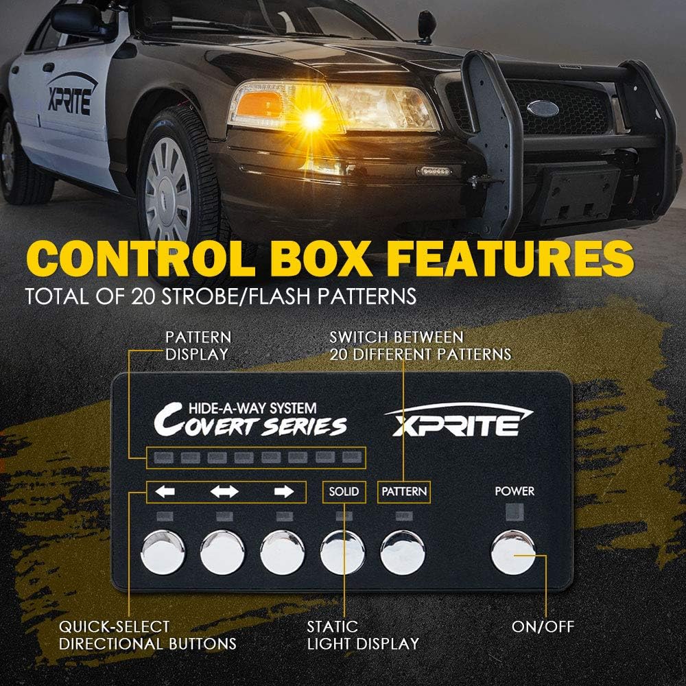 Xprite Amber LED Hideaway Strobe Lights Kit 20 Flashing Patterns w/Control Panel Headlights Taillights Fog Light Mounting, for Roadside Emergency Vehicles Trucks SUV Vans Cars UTV ATV 8 PCs