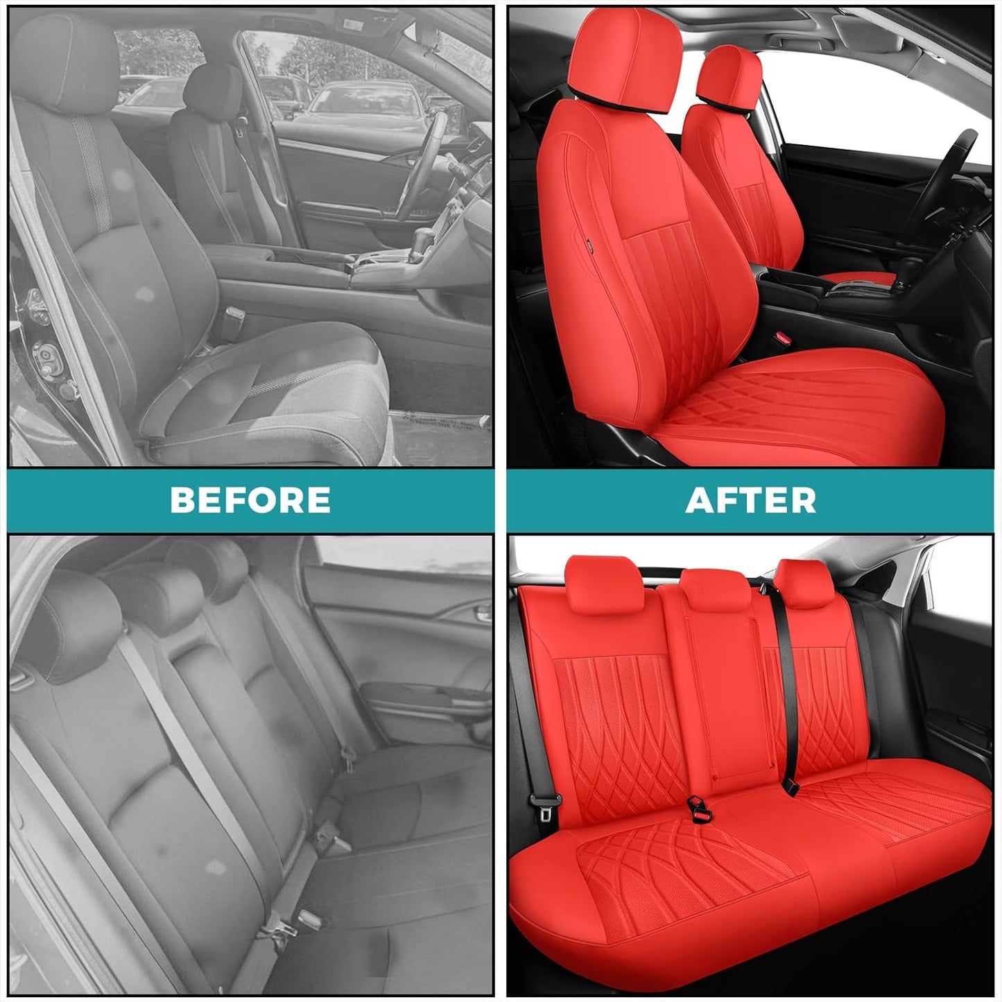 Seat Covers for Honda Civic Sedan EX-L, EX-T, EX, Touring, LX-P, Sport 2016 2017 2018 2019 2020 2021, Faux Leather Car Seats Cover Full Set(Rear Row 40/60 Split & Folding Backrest)-RED