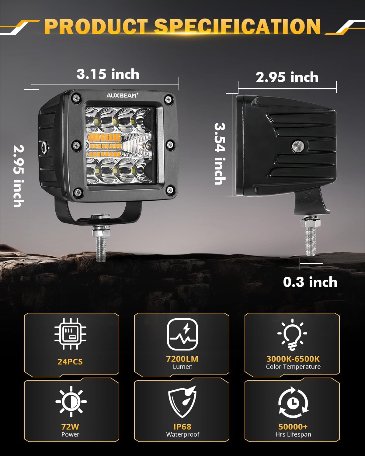 Auxbeam LED Pods 3 Inch 72W Amber Fog Light, 6 Modes Strobe Cube Pod Light Bar Dual Color Yellow Spot Flood Offroad Driving Lights Ditch Lights for Truck Car ATV